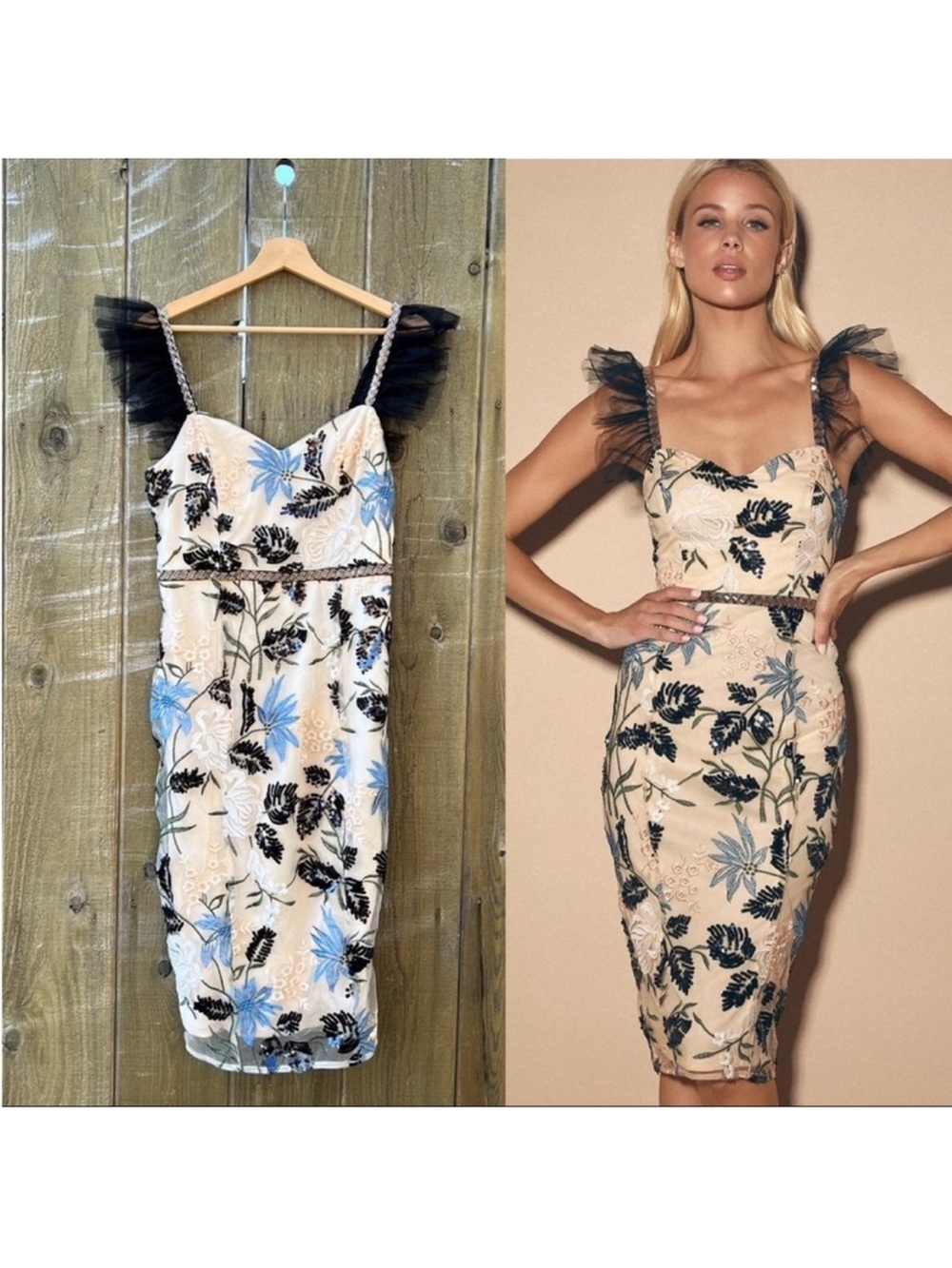 NWOT Cream Showstopper Embroidered Sequin Bodycon Midi Dress 🌿